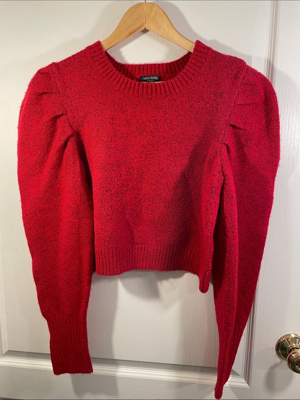 wild fable Cropped Red Puff-Sleeve Crewneck Sweater